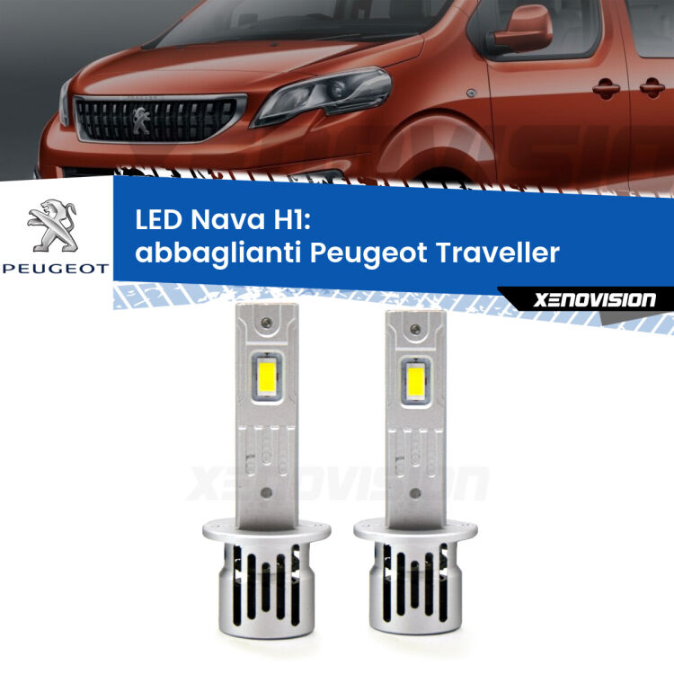 <strong>Abbaglianti LED no-spie per Peugeot Traveller</strong>  2016 in poi. Coppia lampade <strong> H1</strong> modello Nava canbus, raffreddate a ventola.