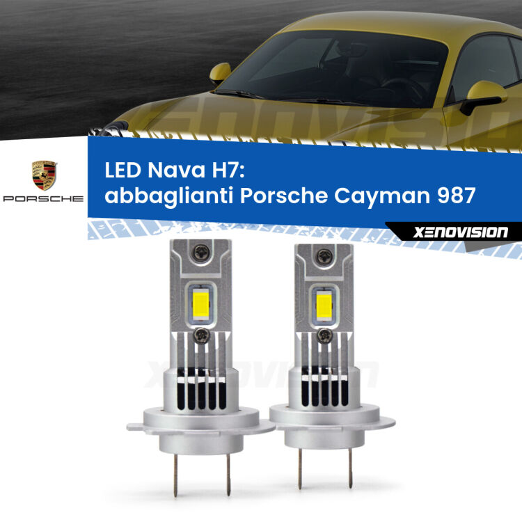 <strong>Abbaglianti LED no-spie per Porsche Cayman</strong> 987 dal 2009, con fari Bi-Xenon. Coppia lampade <strong>H7</strong> modello Nava canbus, raffreddate a ventola.