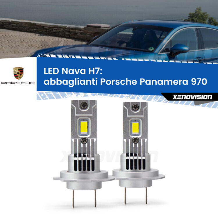 <strong>Abbaglianti LED no-spie per Porsche Panamera</strong> 970 Full-beam spotlight con fari Bi-Xenon. Coppia lampade <strong>H7</strong> modello Nava canbus, raffreddate a ventola.