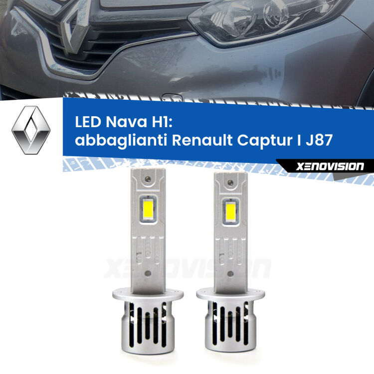 <strong>Abbaglianti LED no-spie per Renault Captur I</strong> J87 prima serie. Coppia lampade <strong> H1</strong> modello Nava canbus, raffreddate a ventola.