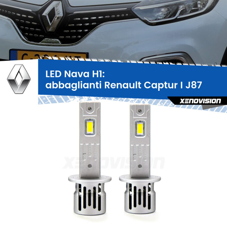 <strong>Abbaglianti LED no-spie per Renault Captur I</strong> J87 restyling. Coppia lampade <strong> H1</strong> modello Nava canbus, raffreddate a ventola.