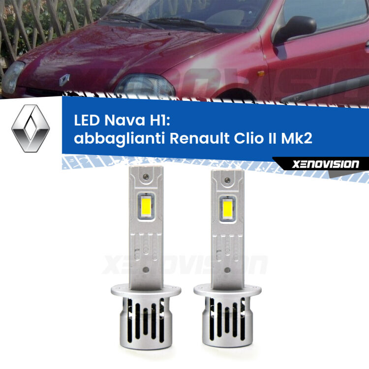 <strong>Abbaglianti LED no-spie per Renault Clio II</strong> Mk2 a parabola doppia. Coppia lampade <strong> H1</strong> modello Nava canbus, raffreddate a ventola.