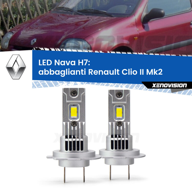 <strong>Abbaglianti LED no-spie per Renault Clio II</strong> Mk2 con fari Xenon. Coppia lampade <strong>H7</strong> modello Nava canbus, raffreddate a ventola.