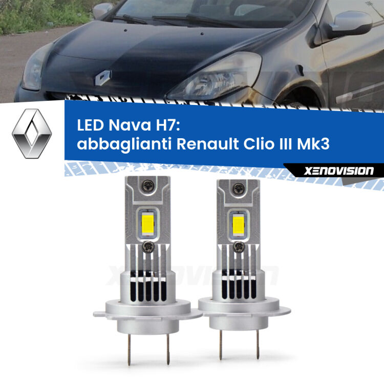 <strong>Abbaglianti LED no-spie per Renault Clio III</strong>  2005 -2011. Coppia lampade <strong>H7</strong> modello Nava canbus, raffreddate a ventola.