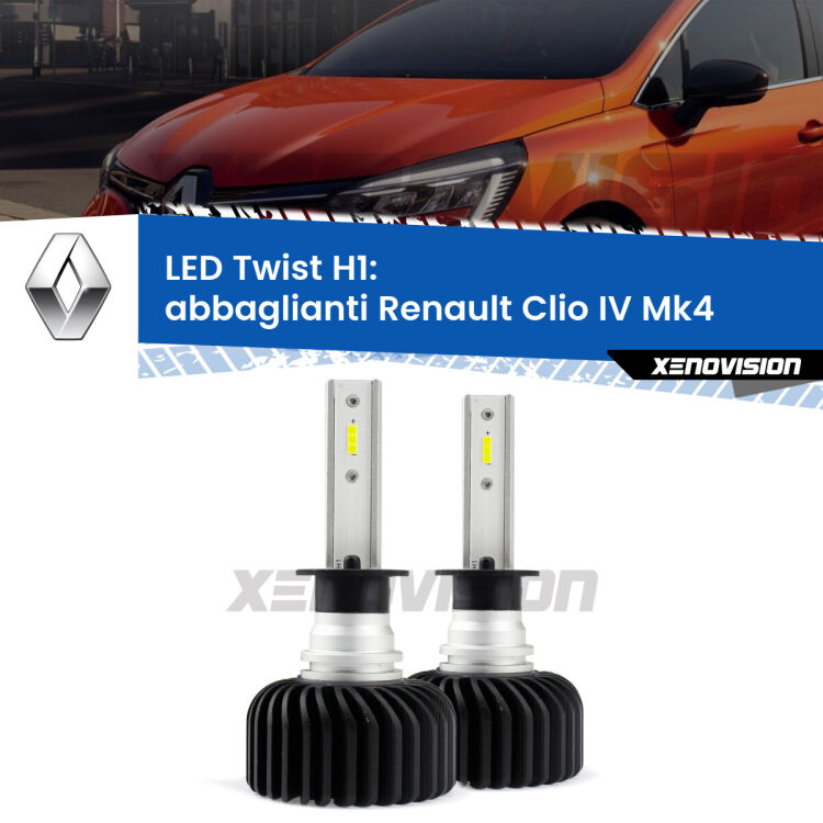 <strong>Kit abbaglianti LED</strong> H1 per <strong>Renault Clio IV</strong> Mk4 2012 -2018. Compatte, impermeabili, senza ventola: praticamente indistruttibili. Top Quality.