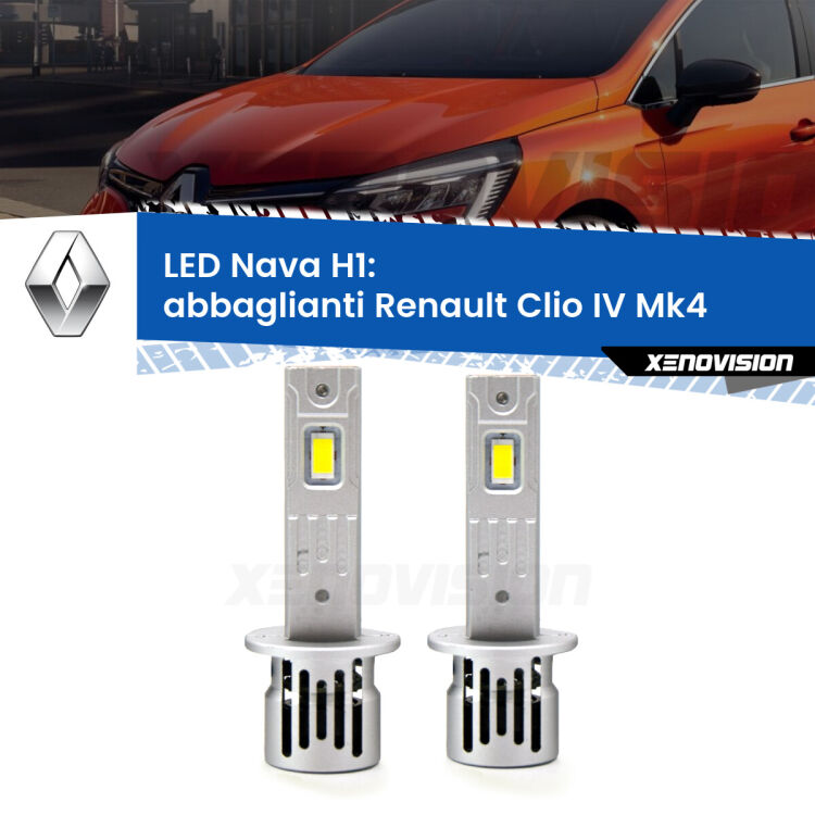 <strong>Abbaglianti LED no-spie per Renault Clio IV</strong>  2012 -2018. Coppia lampade <strong> H1</strong> modello Nava canbus, raffreddate a ventola.