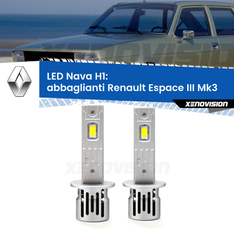 <strong>Abbaglianti LED no-spie per Renault Espace III</strong> Mk3 1996 -2000. Coppia lampade <strong> H1</strong> modello Nava canbus, raffreddate a ventola.