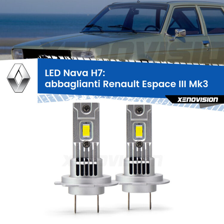 <strong>Abbaglianti LED no-spie per Renault Espace III</strong> Mk3 2000 -2002. Coppia lampade <strong>H7</strong> modello Nava canbus, raffreddate a ventola.