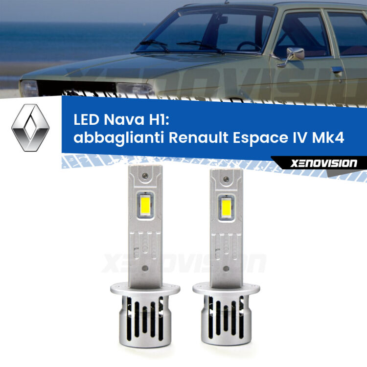 <strong>Abbaglianti LED no-spie per Renault Espace IV</strong> Mk4 2006 -2015. Coppia lampade <strong> H1</strong> modello Nava canbus, raffreddate a ventola.