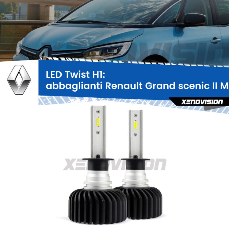 <strong>Kit abbaglianti LED</strong> H1 per <strong>Renault Grand scenic II</strong> Mk2 2004 -2009. Compatte, impermeabili, senza ventola: praticamente indistruttibili. Top Quality.