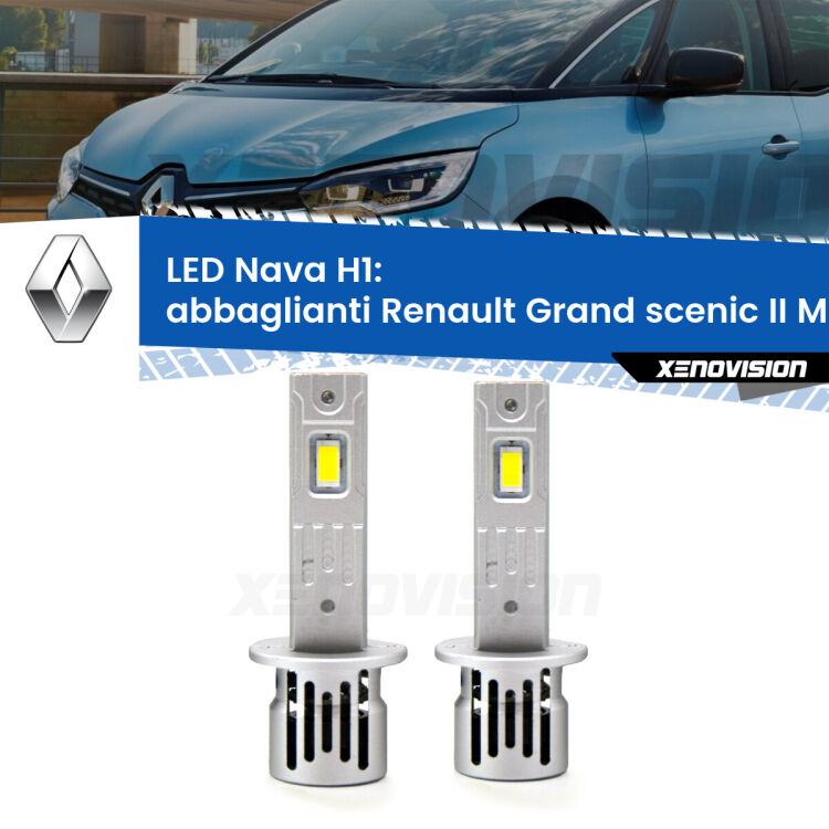 <strong>Abbaglianti LED no-spie per Renault Grand scenic II</strong> Mk2 2004 -2009. Coppia lampade <strong> H1</strong> modello Nava canbus, raffreddate a ventola.