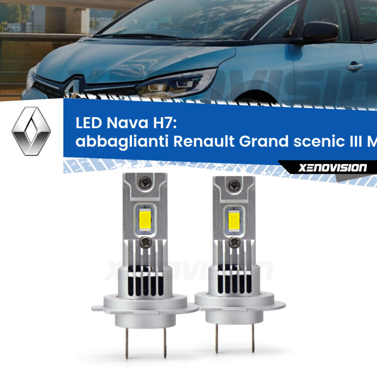 <strong>Abbaglianti LED no-spie per Renault Grand scenic III</strong> Mk3 2009 -2015. Coppia lampade <strong>H7</strong> modello Nava canbus, raffreddate a ventola.