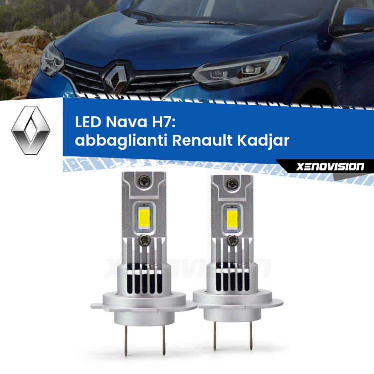 <strong>Abbaglianti LED no-spie per Renault Kadjar</strong>  2015 -2022. Coppia lampade <strong>H7</strong> modello Nava canbus, raffreddate a ventola.