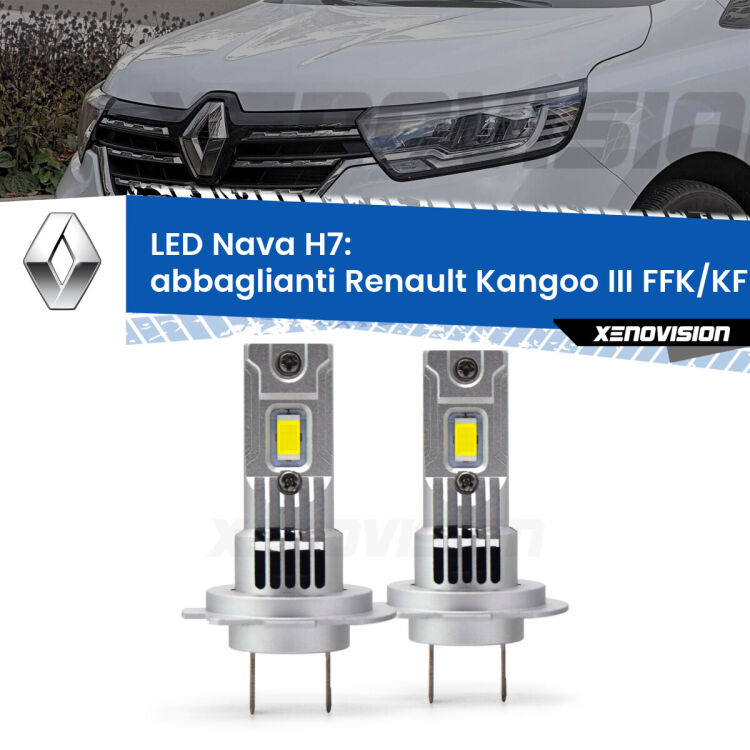 <strong>Abbaglianti LED no-spie per Renault Kangoo III</strong> FFK/KFK 2021 in poi. Coppia lampade <strong>H7</strong> modello Nava canbus, raffreddate a ventola.