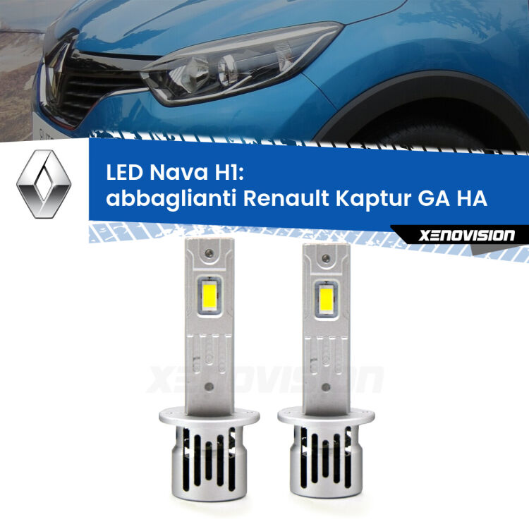 <strong>Abbaglianti LED no-spie per Renault Kaptur GA</strong> HA 2016-2018. Coppia lampade <strong> H1</strong> modello Nava canbus, raffreddate a ventola.