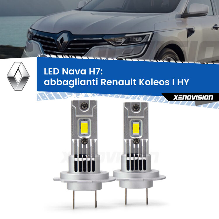 <strong>Abbaglianti LED no-spie per Renault Koleos I</strong> HY 2006 -2015. Coppia lampade <strong>H7</strong> modello Nava canbus, raffreddate a ventola.