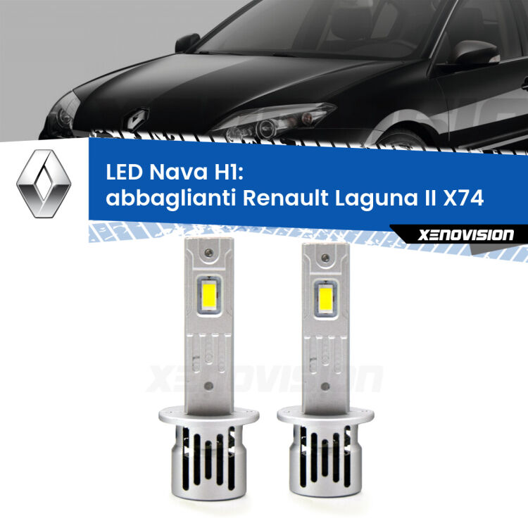 <strong>Abbaglianti LED no-spie per Renault Laguna II</strong> X74 2000 -2006. Coppia lampade <strong> H1</strong> modello Nava canbus, raffreddate a ventola.