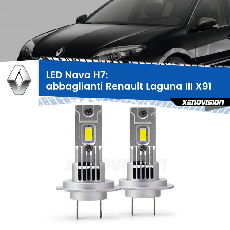 <strong>Abbaglianti LED no-spie per Renault Laguna III</strong> X91 2007 -2015. Coppia lampade <strong>H7</strong> modello Nava canbus, raffreddate a ventola.