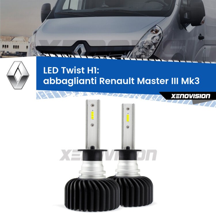 <strong>Kit abbaglianti LED</strong> H1 per <strong>Renault Master III</strong> Mk3 2010 in poi. Compatte, impermeabili, senza ventola: praticamente indistruttibili. Top Quality.