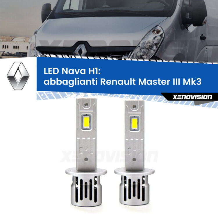 <strong>Abbaglianti LED no-spie per Renault Master III</strong> Mk3 2010 in poi. Coppia lampade <strong> H1</strong> modello Nava canbus, raffreddate a ventola.