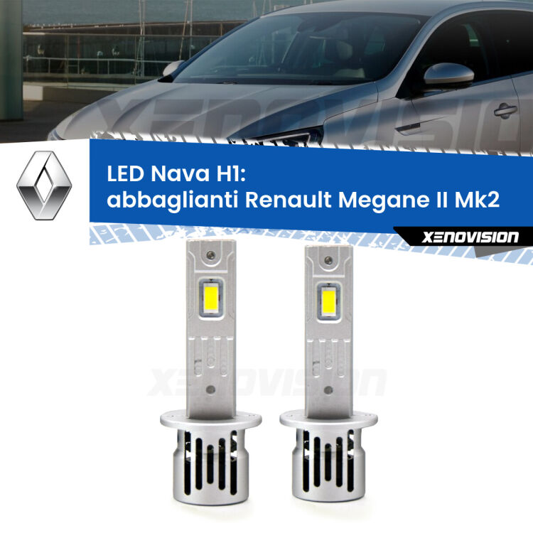 <strong>Abbaglianti LED no-spie per Renault Megane II</strong> Mk2 dal 2006, con fari Xenon. Coppia lampade <strong> H1</strong> modello Nava canbus, raffreddate a ventola.