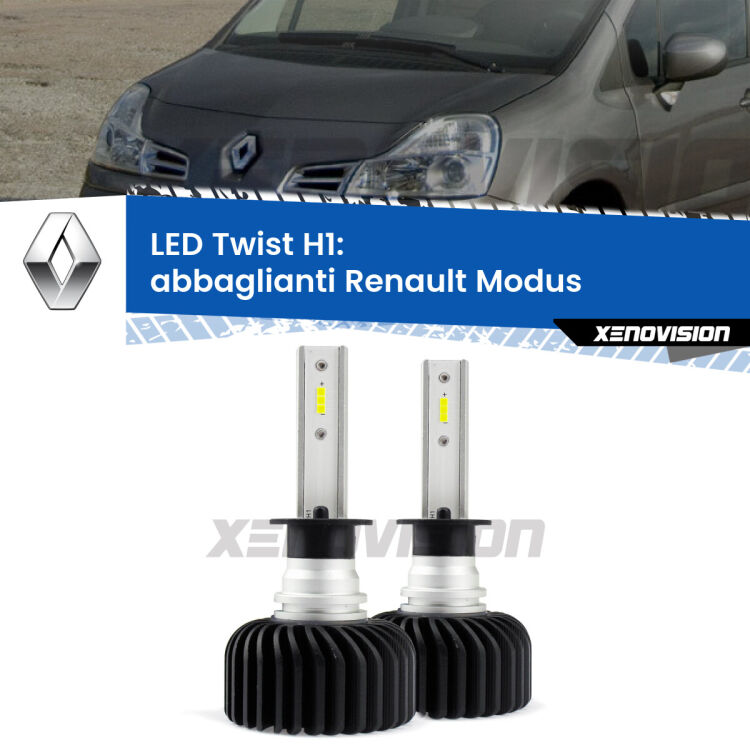 <strong>Kit abbaglianti LED</strong> H1 per <strong>Renault Modus</strong>  2004 -2012. Compatte, impermeabili, senza ventola: praticamente indistruttibili. Top Quality.