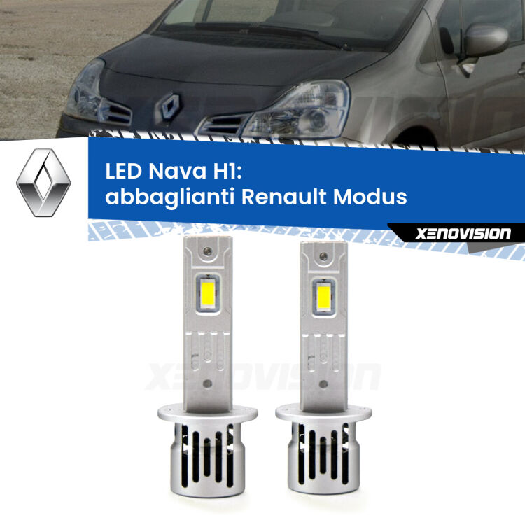 <strong>Abbaglianti LED no-spie per Renault Modus</strong>  2004 -2012. Coppia lampade <strong> H1</strong> modello Nava canbus, raffreddate a ventola.