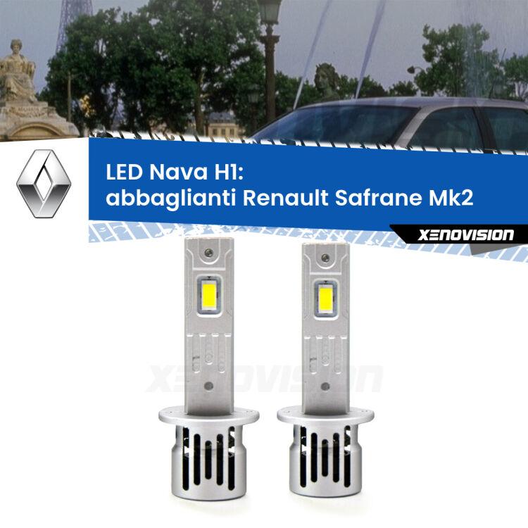 <strong>Abbaglianti LED no-spie per Renault Safrane</strong> Mk2 1996 -2000. Coppia lampade <strong> H1</strong> modello Nava canbus, raffreddate a ventola.