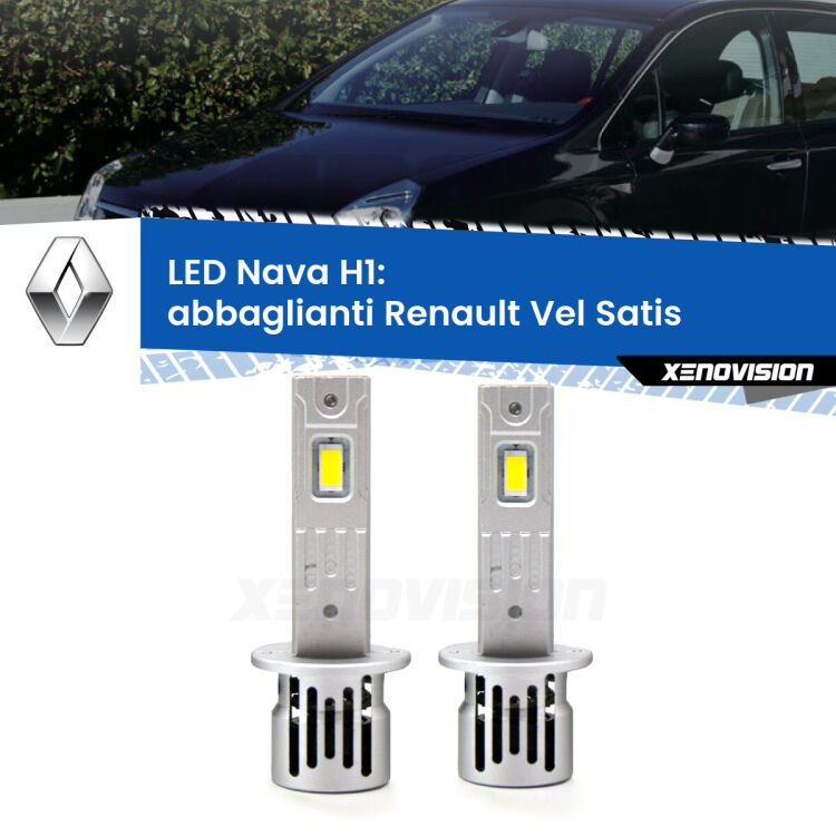 <strong>Abbaglianti LED no-spie per Renault Vel Satis</strong>  2005 -2010. Coppia lampade <strong> H1</strong> modello Nava canbus, raffreddate a ventola.