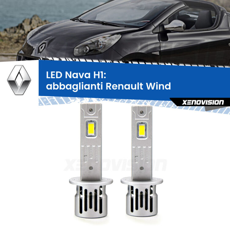 <strong>Abbaglianti LED no-spie per Renault Wind</strong>  2010 -2013. Coppia lampade <strong> H1</strong> modello Nava canbus, raffreddate a ventola.