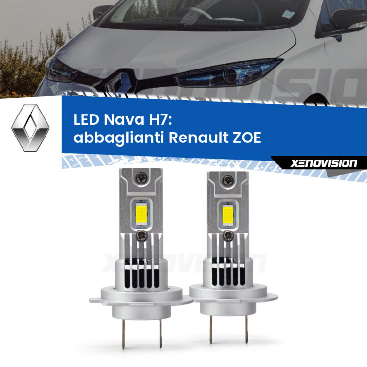 <strong>Abbaglianti LED no-spie per Renault ZOE</strong>  2012 in poi. Coppia lampade <strong>H7</strong> modello Nava canbus, raffreddate a ventola.