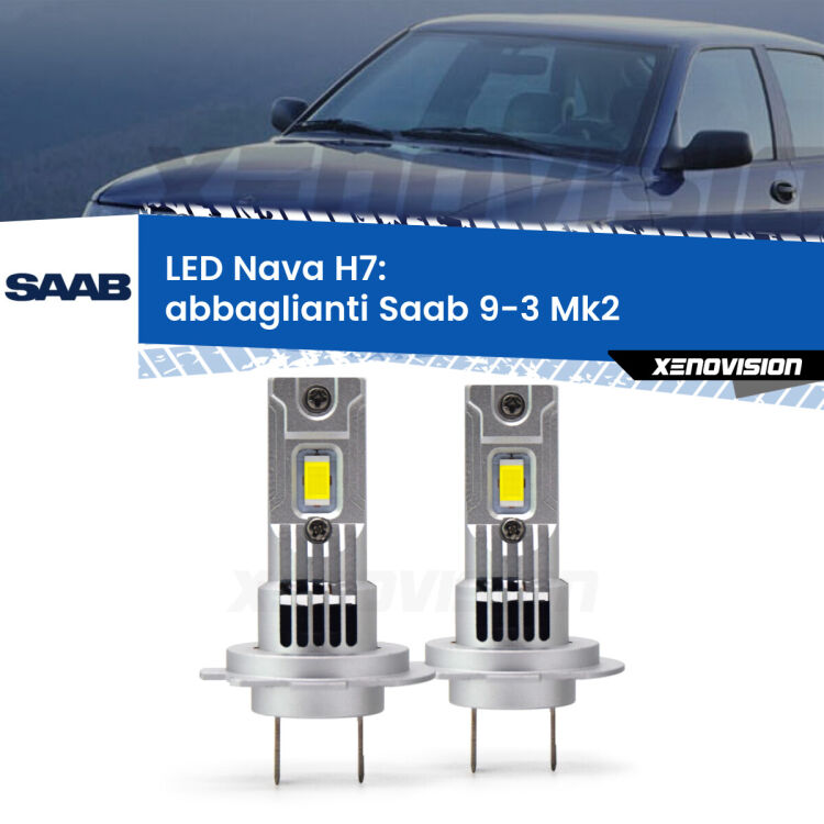 <strong>Abbaglianti LED no-spie per Saab 9-3</strong> Mk2 Full-beam spotlight con fari Bi-Xenon. Coppia lampade <strong>H7</strong> modello Nava canbus, raffreddate a ventola.