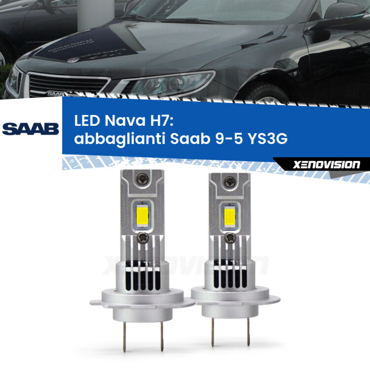 <strong>Abbaglianti LED no-spie per Saab 9-5</strong> YS3G 2010 -2012. Coppia lampade <strong>H7</strong> modello Nava canbus, raffreddate a ventola.