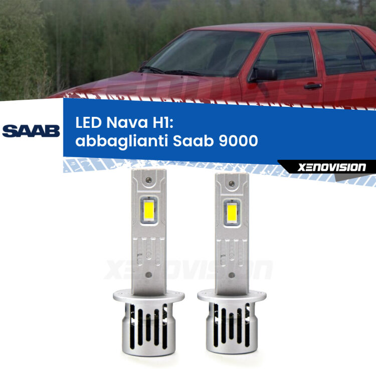 <strong>Abbaglianti LED no-spie per Saab 9000</strong>  a parabola doppia. Coppia lampade <strong> H1</strong> modello Nava canbus, raffreddate a ventola.