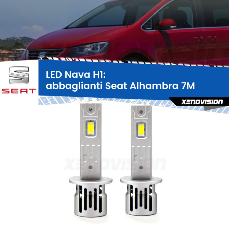 <strong>Abbaglianti LED no-spie per Seat Alhambra</strong> 7M 2001 -2010. Coppia lampade <strong> H1</strong> modello Nava canbus, raffreddate a ventola.