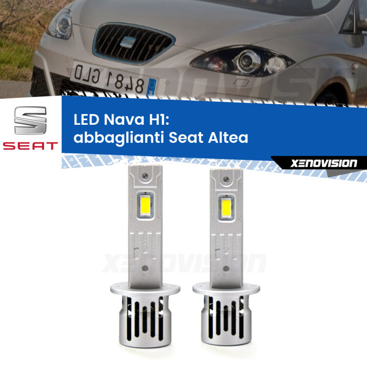 <strong>Abbaglianti LED no-spie per Seat Altea</strong>  2004 -2010. Coppia lampade <strong> H1</strong> modello Nava canbus, raffreddate a ventola.