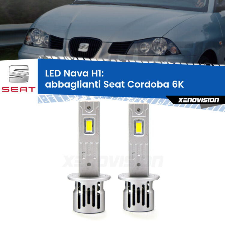 <strong>Abbaglianti LED no-spie per Seat Cordoba</strong> 6K a parabola doppia. Coppia lampade <strong> H1</strong> modello Nava canbus, raffreddate a ventola.