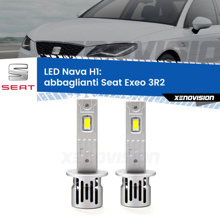 <strong>Abbaglianti LED no-spie per Seat Exeo</strong> 3R2 2008 -2013. Coppia lampade <strong> H1</strong> modello Nava canbus, raffreddate a ventola.