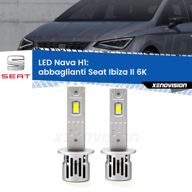 <strong>Abbaglianti LED no-spie per Seat Ibiza II</strong> 6K a parabola doppia. Coppia lampade <strong> H1</strong> modello Nava canbus, raffreddate a ventola.