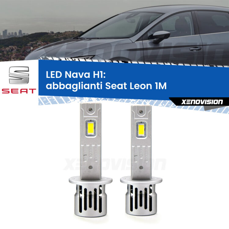 <strong>Abbaglianti LED no-spie per Seat Leon</strong> 1M 1999 -2006. Coppia lampade <strong> H1</strong> modello Nava canbus, raffreddate a ventola.