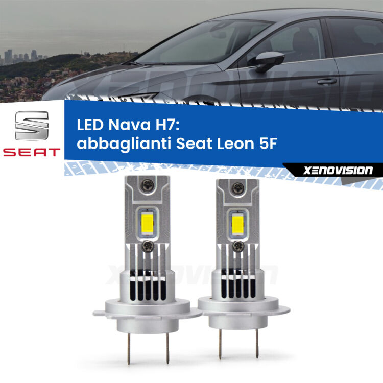 <strong>Abbaglianti LED no-spie per Seat Leon</strong> 5F 2012 in poi. Coppia lampade <strong>H7</strong> modello Nava canbus, raffreddate a ventola.