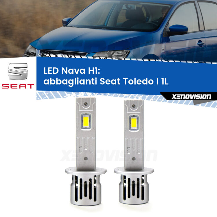 <strong>Abbaglianti LED no-spie per Seat Toledo I</strong> 1L 1991 -1999. Coppia lampade <strong> H1</strong> modello Nava canbus, raffreddate a ventola.