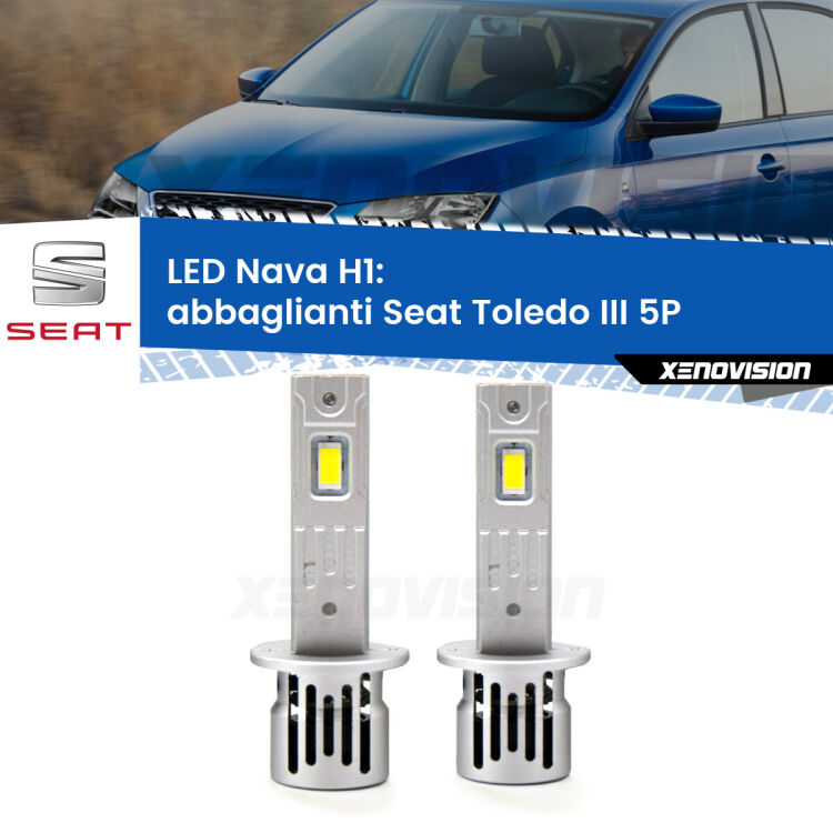 <strong>Abbaglianti LED no-spie per Seat Toledo III</strong> 5P 2004 -2009. Coppia lampade <strong> H1</strong> modello Nava canbus, raffreddate a ventola.