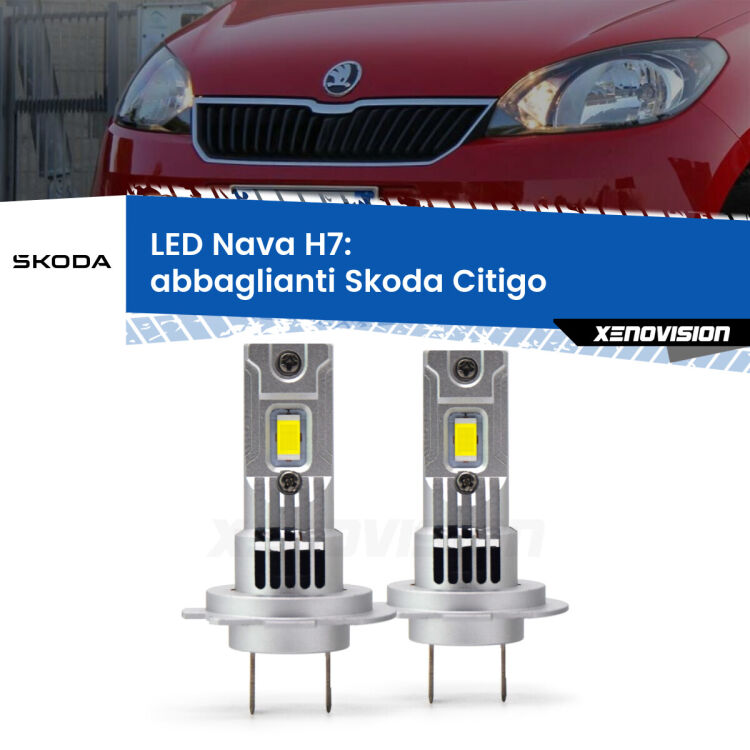 <strong>Abbaglianti LED no-spie per Skoda Citigo</strong>  con parabola doppia. Coppia lampade <strong>H7</strong> modello Nava canbus, raffreddate a ventola.