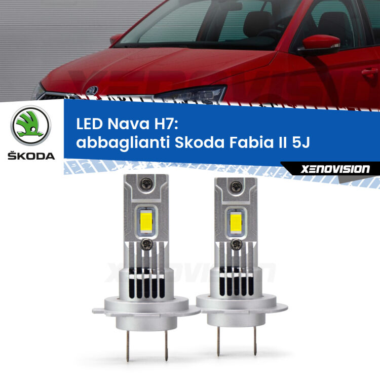 <strong>Abbaglianti LED no-spie per Skoda Fabia II</strong> 5J 2006 -2014. Coppia lampade <strong>H7</strong> modello Nava canbus, raffreddate a ventola.