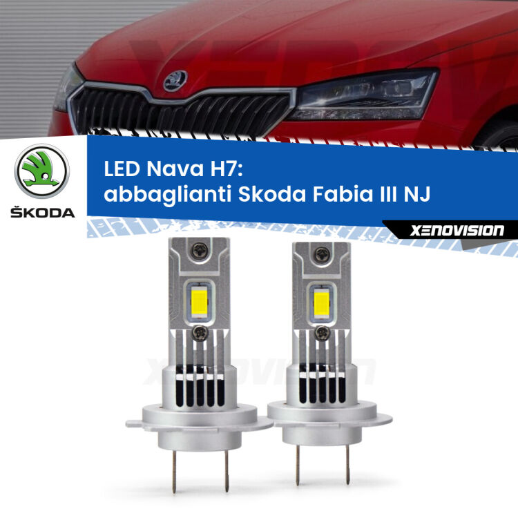 <strong>Abbaglianti LED no-spie per Skoda Fabia III</strong> NJ a parabola doppia. Coppia lampade <strong>H7</strong> modello Nava canbus, raffreddate a ventola.