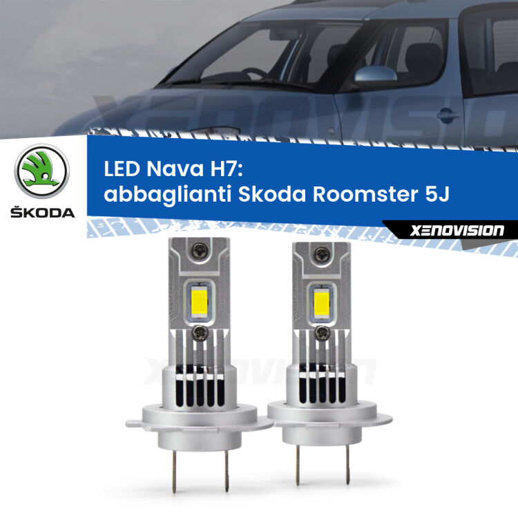 <strong>Abbaglianti LED no-spie per Skoda Roomster</strong> 5J fari a parabola. Coppia lampade <strong>H7</strong> modello Nava canbus, raffreddate a ventola.