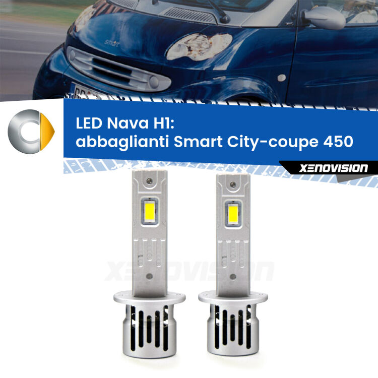 <strong>Abbaglianti LED no-spie per Smart City-coupe</strong> 450 restyling. Coppia lampade <strong> H1</strong> modello Nava canbus, raffreddate a ventola.