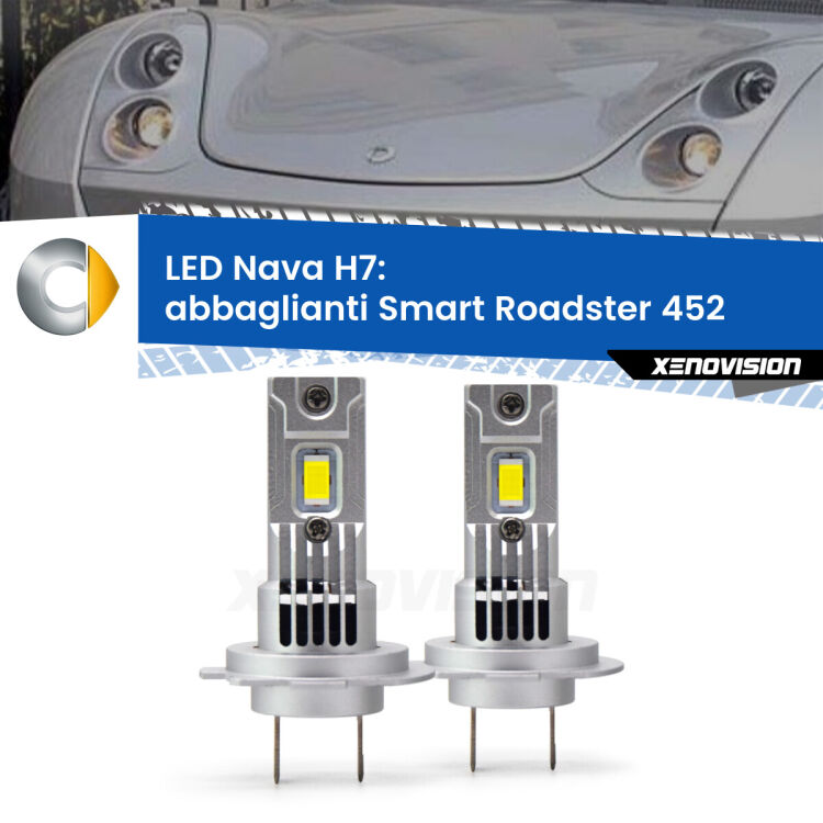 <strong>Abbaglianti LED no-spie per Smart Roadster</strong> 452 2003 -2005. Coppia lampade <strong>H7</strong> modello Nava canbus, raffreddate a ventola.