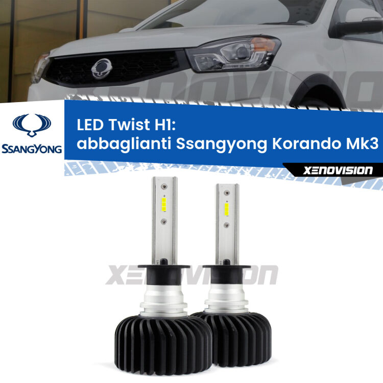 <strong>Kit abbaglianti LED</strong> H1 per <strong>Ssangyong Korando</strong> Mk3 2013-2019. Compatte, impermeabili, senza ventola: praticamente indistruttibili. Top Quality.